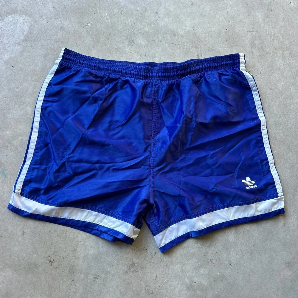 Vintage 70s Adidas Nylon Track Shorts Royal Blue White Trefoil Logo Mens Medium